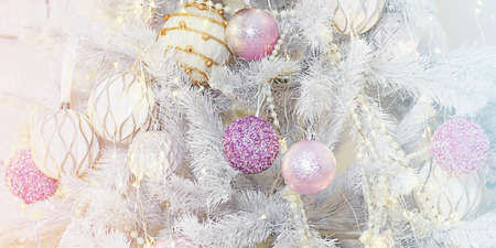 White Christmas tree decor with toys. Luxury christmas tree.の写真素材