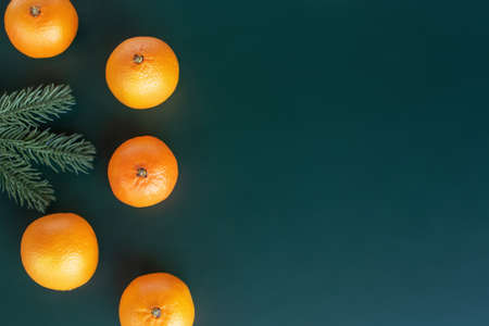 New year postcard.A branch of a Christmas tree without toys and tangerines on a green background.