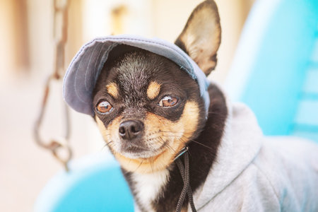 Portrait of a pet. Mini chihuahua dog in clothes on a swing.の写真素材