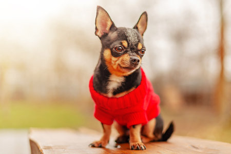 Chihuahua wearing a red sweater. The dog sits on the background of nature.の写真素材