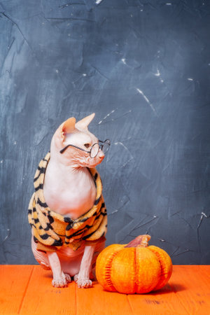 Cat on Halloween. An adult sphynx cat sits on an orange wooden background with a pumpkin.の写真素材