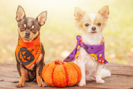 Black and white chihuahua in halloween bandanas. Two dogs with a pumpkin.の写真素材