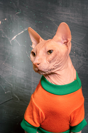 Portrait of a bald cat. Sphynx cat in an orange T-shirt on a black background.の写真素材