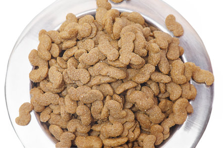 Dry feed in a metal bowl for animals. Balanced grain-free holistic feed for dogs.