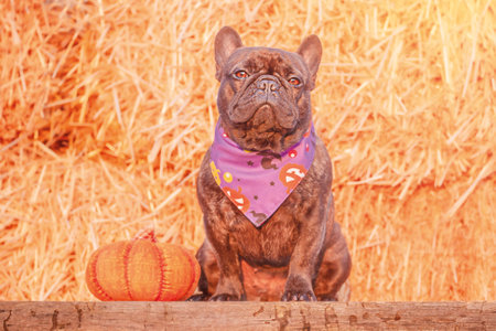 A French bulldog in a Halloween bandana sits next to a pumpkin. A dog on a background of straw, pet.の写真素材