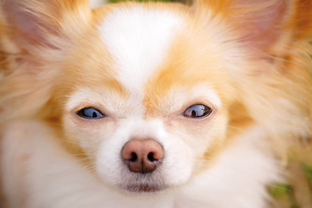 A pet, an animal, a cute dog. Close-up portrait of a long-haired chihuahua.の写真素材
