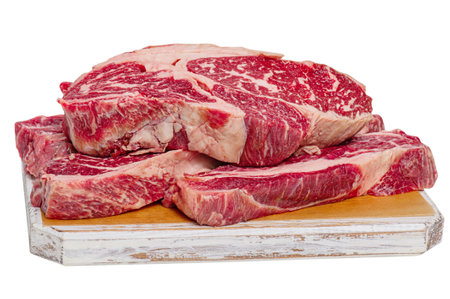 Three pieces of steak on a white wooden board. Beef meat isolate on white. Meat preparation.の写真素材