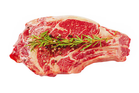 Raw beef meat isolated on white. Beef steak with various peppercorns.の写真素材