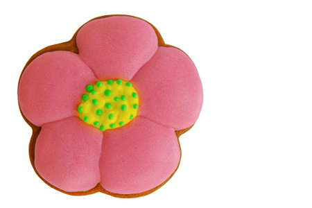 Handmade gingerbread in the form of a pink with yellow and green flower isolated.の写真素材