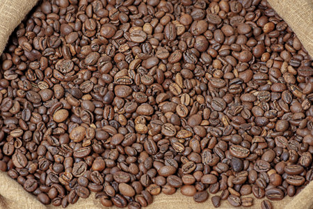 Roasted aromatic natural coffee macro photo. Coffee beans in a bag.の写真素材