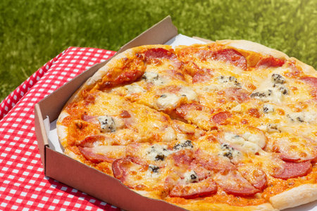 Pizza with sausage and cheese in a paper box on a checkered tablecloth. Pizza food deliveryの写真素材