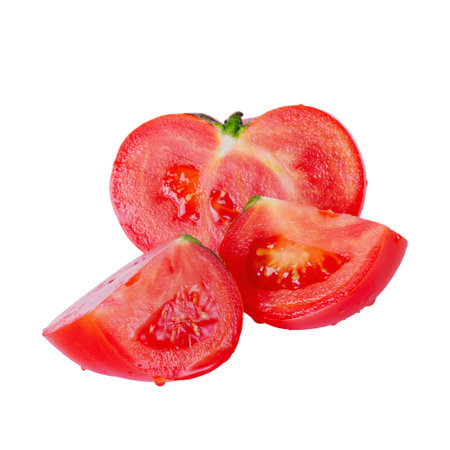 Red ripe tomato cut into parts isolated on whiteの写真素材