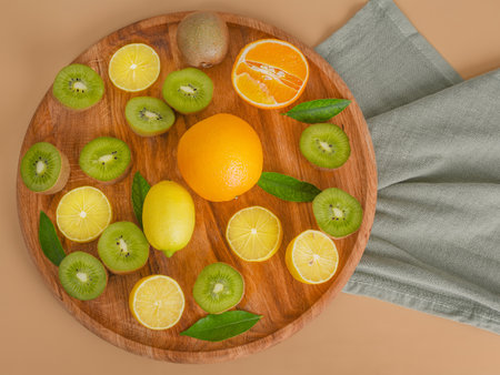 Citrus fruits lemons, orange and ripe kiwi on a wooden board on a beige backgroundの写真素材