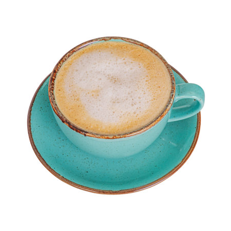 Latte in a turquoise cup with a saucer. Aromatic coffee drink isolate on whiteの写真素材