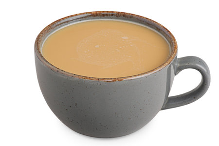 Coffee with milk in a gray cup isolated on whiteの写真素材