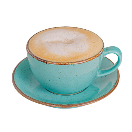 A cup of cappuccino in a turquoise cup and saucer. Coffee with milkの写真素材