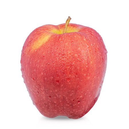Red apple with water drops isolate on white backgroundの写真素材