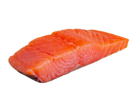 Piece of salmon fish isolate on whiteの写真素材