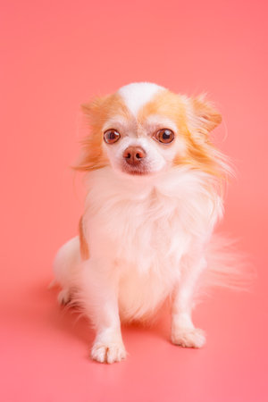 Chihuahua dog of white with red color on a pink background. Portrait of a small breed dogの写真素材