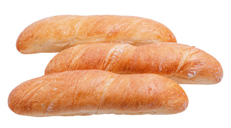 Three baguettes isolate on white. Food, delicious fresh wheat breadの写真素材