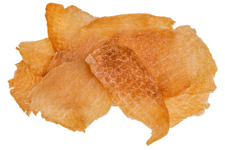 Slices of raw jerky chicken meat isolated on white. Meat snack