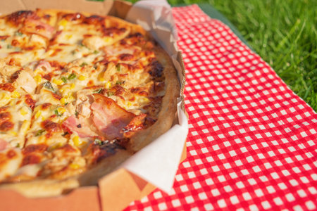 Pizza with bacon, cheese and chicken in a box and on a checkered tableclothの写真素材