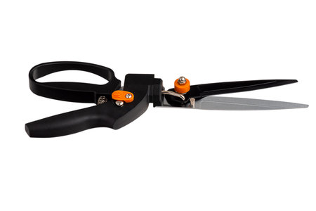 Garden scissors black with orange. Grass shears isolate on whiteの写真素材
