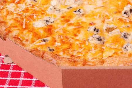 Macro photo of cheese pizza in a box on a red checkered tableclothの写真素材