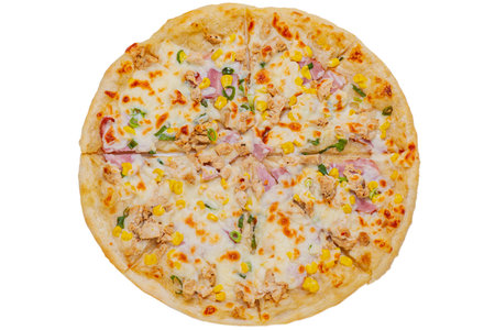 Pizza with chicken and corn isolated on white backgroundの写真素材