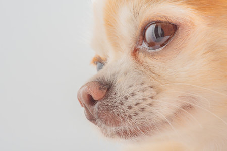 Chihuahua dog of white and red color on a gray backgroundの写真素材