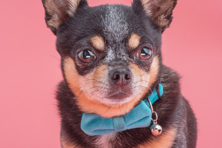 Chihuahua dog. Dog on a pink background in a blue bowの写真素材
