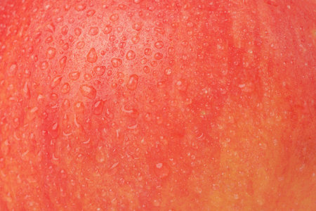 Macro photo of red apple texture with drops as backgroundの写真素材