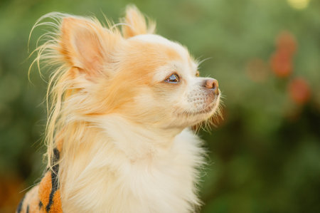 Chihuahua dog with long hair in clothes in the gardenの写真素材