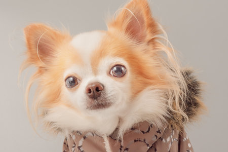 Chihuahua dog in a brown jacket on a gray backgroundの写真素材