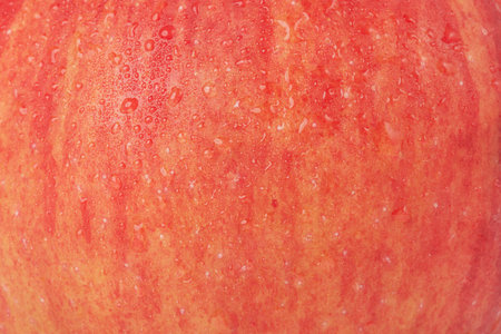 Macro photo of red apple texture with drops as backgroundの写真素材
