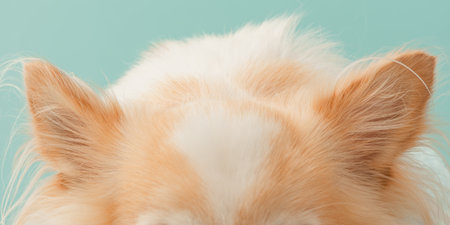 The ears of a white and red dog on a blue background
