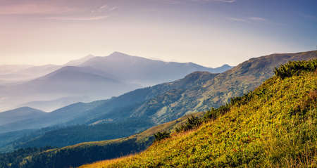 Beautiful sunrise in the Carpathians. Hill lines during sunrise. beautiful natural landscape. Vibrant photo. panoramic view.の写真素材