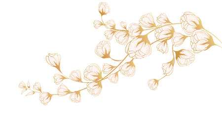 Beautiful floral art background with space for text. Luxury wallpaper on the side with white flowers, leaves and branches on the side. hand drawing. Elegant botanical design for banner, invitationのイラスト素材