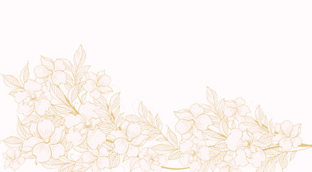 Floral background, Floral composition, floral background with tender flowers and branches of buds. hand drawing. For stylized decor, invitations, postcards, posters, cards, backgrounds, as clipartのイラスト素材