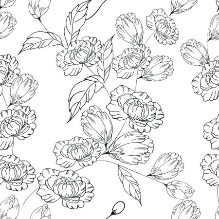 Seamless floral pattern. Decorative peonies, leaves and buds of hand drawing. For printing on fabric, paper, for scrapbooking, cards, background, etc. Vector for editingのイラスト素材