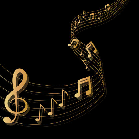 Musical background with clef and notes and 3D effects in gold tone on black backgroundのイラスト素材