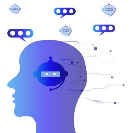 Modern background metaphor of artificial intelligence, modern technologies, robots, man with technical elements in his head. Concept of technology and engineeringのイラスト素材