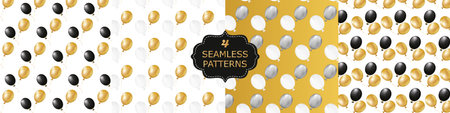 Set of 4 Seamless patterns with balloons in gold, silver, black. Royal texture for textile printing, scrapbooking, baby shower, pajamas print, wrapping paper. Birthday, invitation, greetings. vectorのイラスト素材