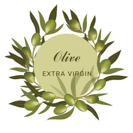 Green wreath with olive branch and green olives. Vegetarian food and healthy lifestyle.のイラスト素材