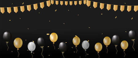Festive design with realistic gold and black balloons, shiny confetti. On dark background. Stylish poster, cover, banner, website, mobile app, greeting card or party invitation. vectorのイラスト素材