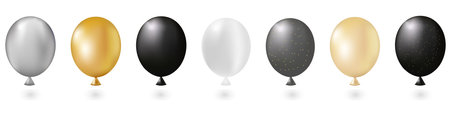 A set of realistic 3d balloons in gold, black, white, metallic gray and transparent colors.Stylish set for your design, print, invitation, background or iconのイラスト素材