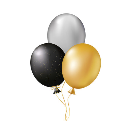 A bouquet of realistic 3d balloons of gold, black color on a festive background.Stylish poster, cover, banner, website, mobile application, card for greetings, invitations, printingのイラスト素材