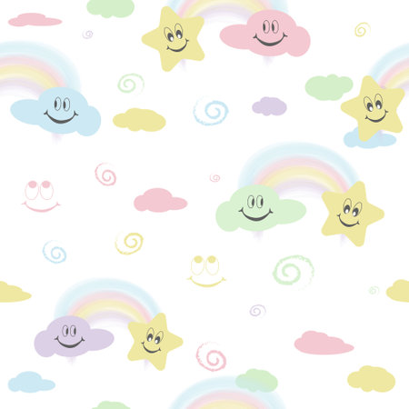 Cheerful children's seamless pattern with a rainbow, stars, clouds, emotions. For printing on fabric, wrapping paper, textiles, children's decorationsのイラスト素材