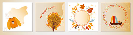 A set of bright autumn postcards, posters with autumn elements, leaves, a mug, books, a tree and a warm mood. For your greetings, print, post, blog and web, etc.のイラスト素材