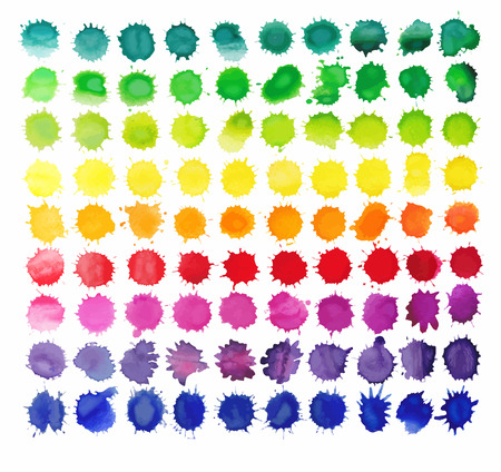 90 colorful watercolor splashes isolated on white background. Vector background made of watercolor rainbow blobs, colorful paint drops texture.のイラスト素材